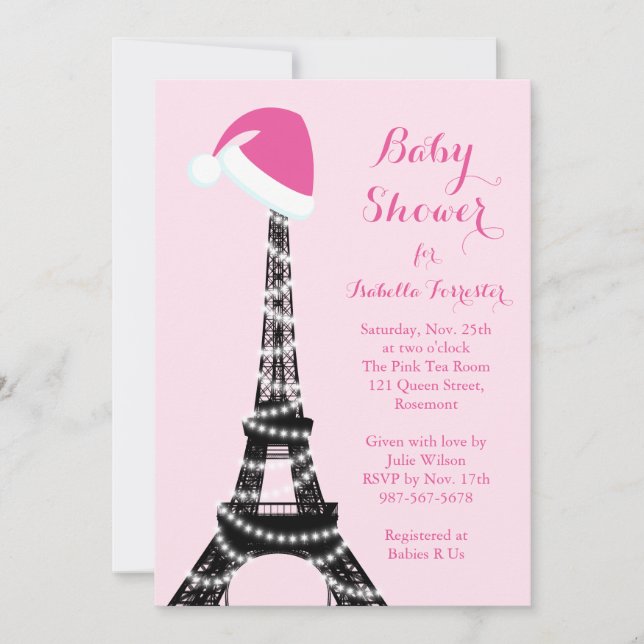 Invitation Baby shower Tour Eiffel en hiver - rose (Devant)