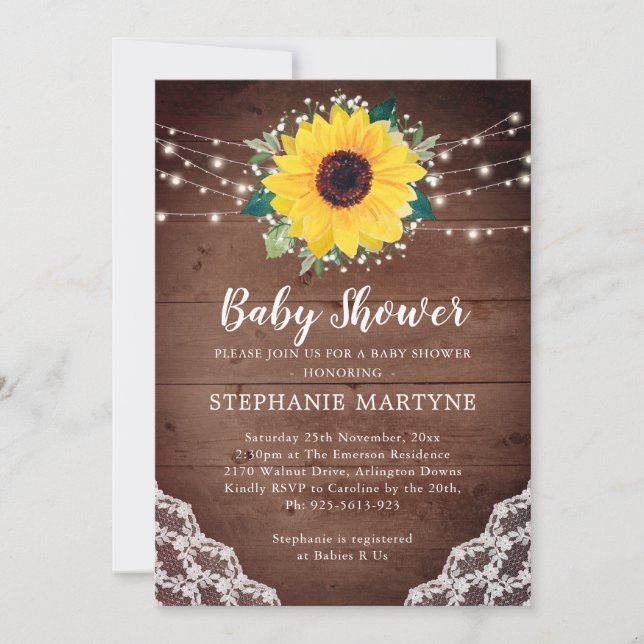 Invitation Baby shower Tournesol dentelle Babys Respirer Flor (Devant)