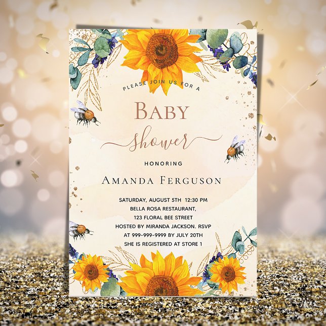 Invitation Baby shower tournesol eucalyptus abeilles (Créateur téléchargé)