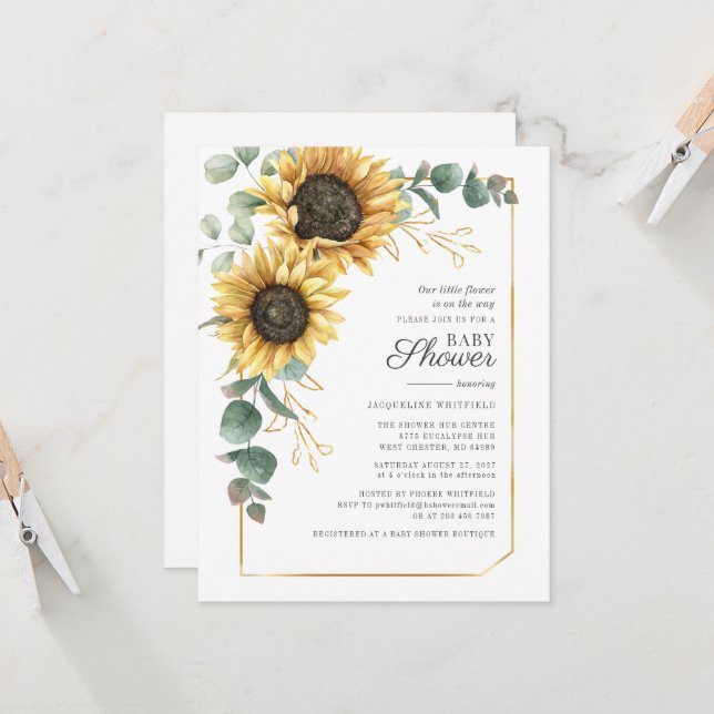 Invitation Baby shower Tournesol Floral Eucalyptus Vert (Devant/Arrière en situation)