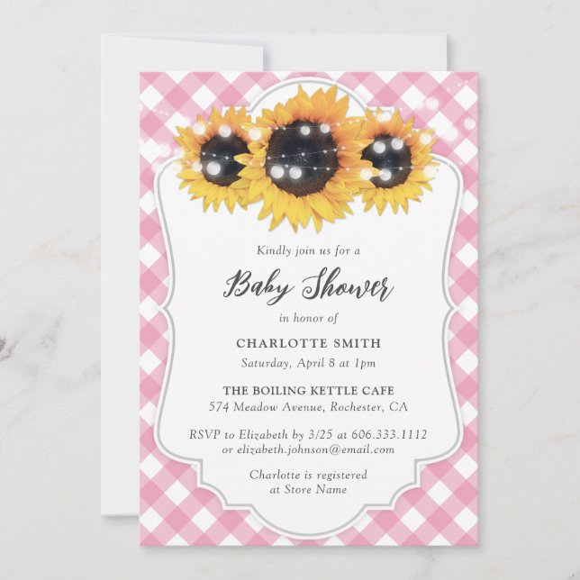 Invitation Baby shower tournesol rose En vichy (Devant)