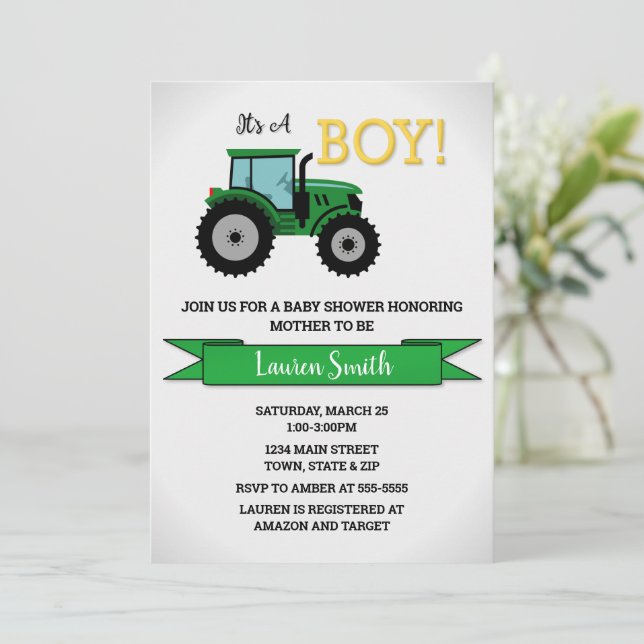 Invitation Baby shower tracteur, Garçon tracteur (Debout devant)
