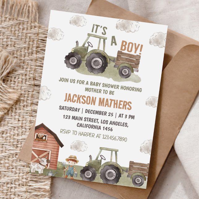 Invitation Baby shower tracteur vert agricole (Créateur téléchargé)