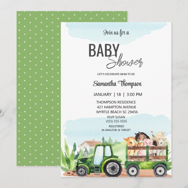 Invitation Baby shower tracteur vert pour animaux de ferme (Devant / Derrière)