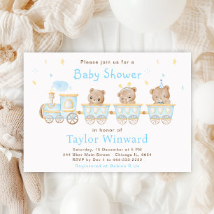 Invitation Baby Shower Train Bleu Ours