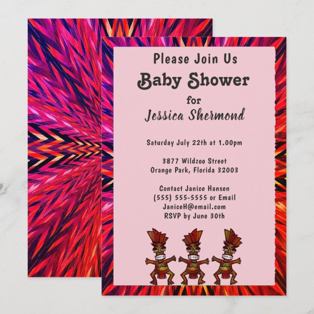 Invitation Baby shower tribal rose à rouge Abstrait (Devant / Derrière)