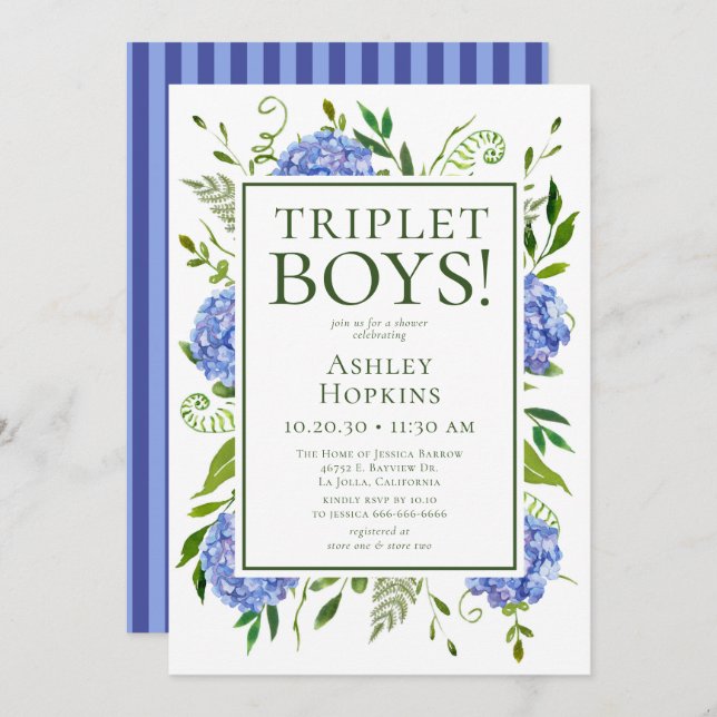 Invitation Baby shower Triplet Boys Blue Hydrangeas (Devant / Derrière)