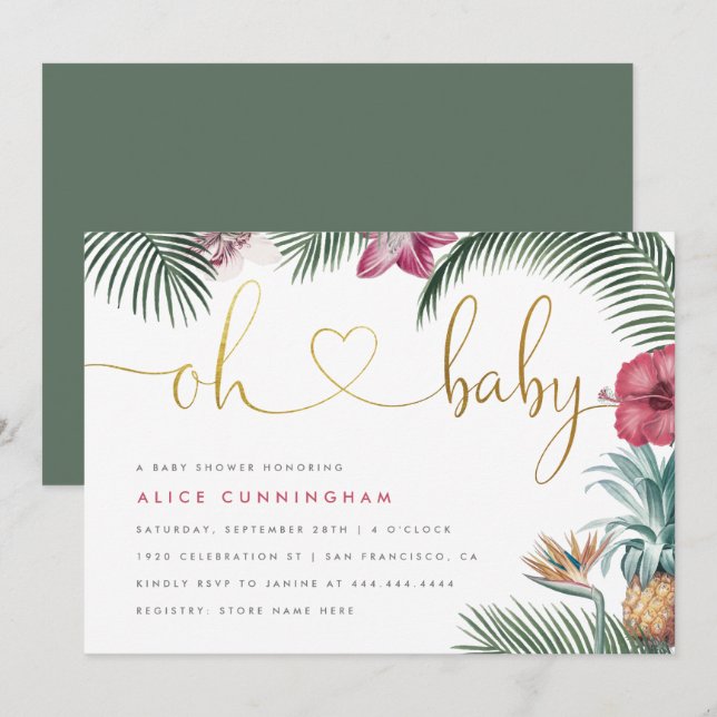 Invitation Baby shower Tropical Botanical Oh Baby Gold Script (Devant / Derrière)