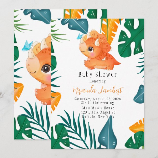 Invitation Baby shower Tropical Cute Orange Dinosaur (Devant / Derrière)