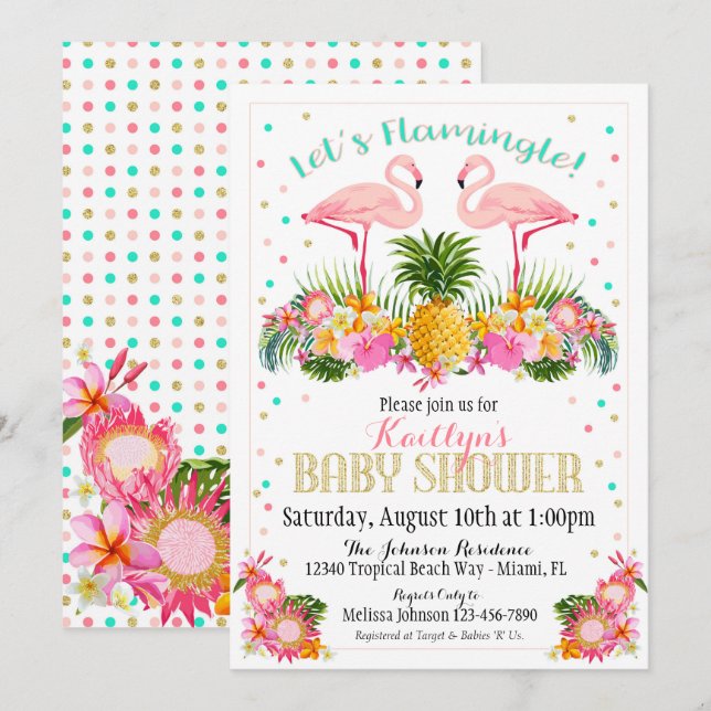 Invitation Baby shower tropical d'ananas de Flamant rose (Devant / Derrière)