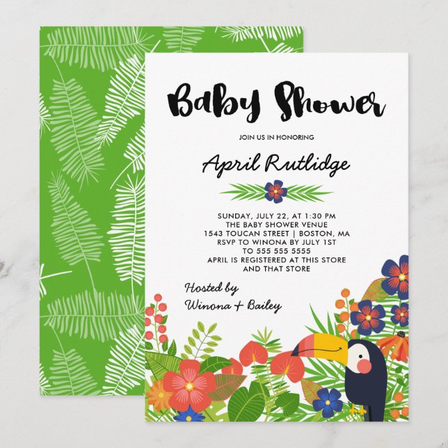 Invitation Baby shower tropical de toucan (Devant / Derrière)