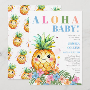 Invitation Baby Shower Tropical d'Été Aloha Bleu Ananas
