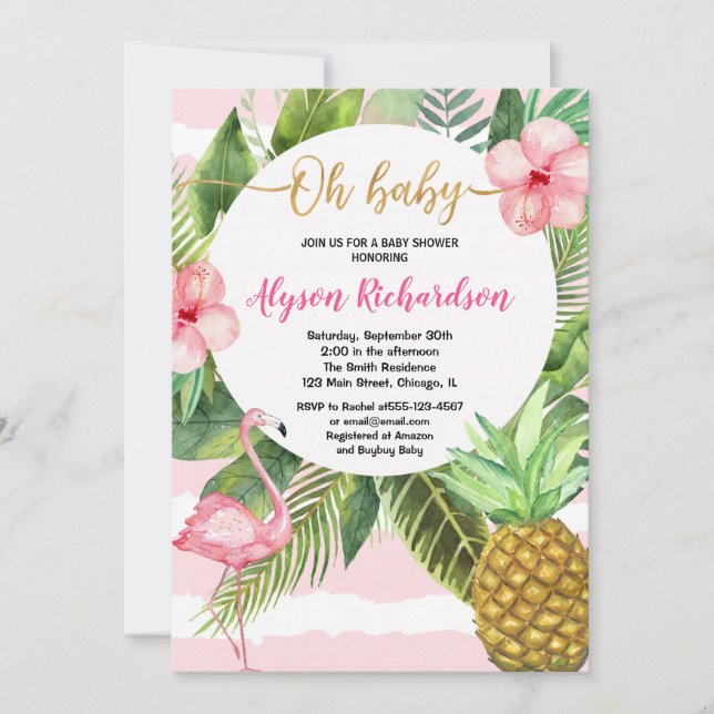 Invitation baby shower tropical Flamant rose fille, luau hawa (Devant)