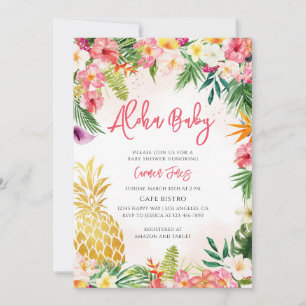 Invitation Baby-Shower Tropical Hawaïen à l'Hibiscus Rose