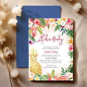 Invitation Baby-Shower Tropical Hawaïen à l'Hibiscus Rose