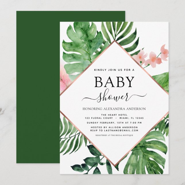 Invitation Baby shower Tropical Palm Aquarelle Géométrique (Devant / Derrière)