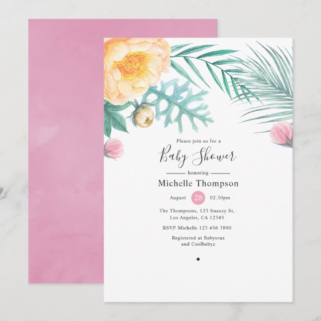 Invitation Baby shower tropical rose et menthe (Devant / Derrière)