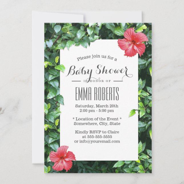 Invitation Baby shower Tropical Rouge Hibiscus Fleurs (Devant)