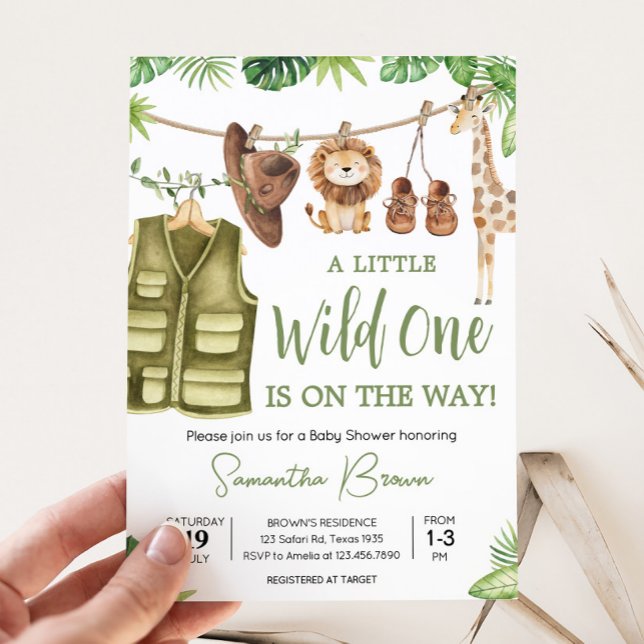 Invitation Baby shower tropical Safari Jungle Animaux (Tropical Safari Jungle Animals Clothesline Baby Shower Invitation)