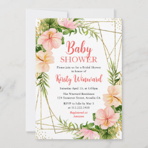 Invitation Baby shower Tropical Summer Flowers & Gold Frame