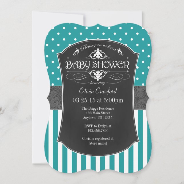 Invitation Baby shower turquoise Aqua Blue Chalkboard Stripes (Devant)