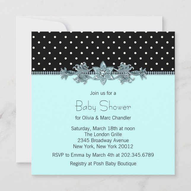 Invitation Baby shower turquoise Blue Black Polka Dot (Devant)
