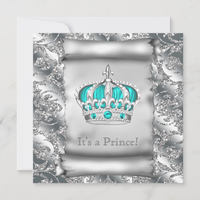Invitation Baby shower turquoise Blue et Silver Prince (Devant)