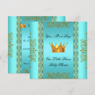 Invitation Baby shower Turquoise Blue Gold Boy Prince Crown