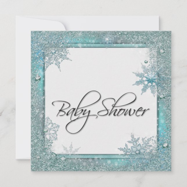 Invitation Baby shower turquoise Blue Snowflake (Devant)