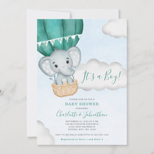 Invitation Baby shower turquoise de ballon éléphant (Devant)