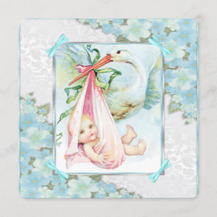 Invitation Baby shower Turquoise de cigogne bleue et rose
