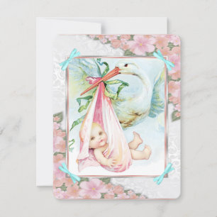 Invitation Baby shower Turquoise de cigogne bleue et rose