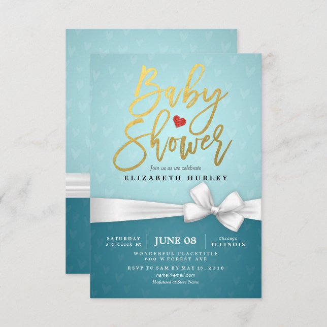 Invitation Baby shower Turquoise de ruban blanc Gold Script (Devant / Derrière)