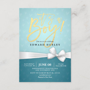 Invitation Baby shower Turquoise de ruban blanc Gold Script