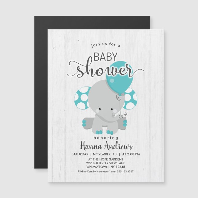 Invitation Baby shower Turquoise éléphant en bois  (Devant / Derrière)