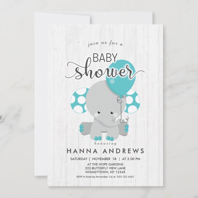 Invitation Baby shower Turquoise éléphant en bois  (Devant)