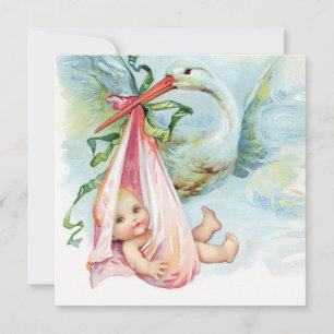 Invitation Baby shower turquoise en cigogne bleue et rose