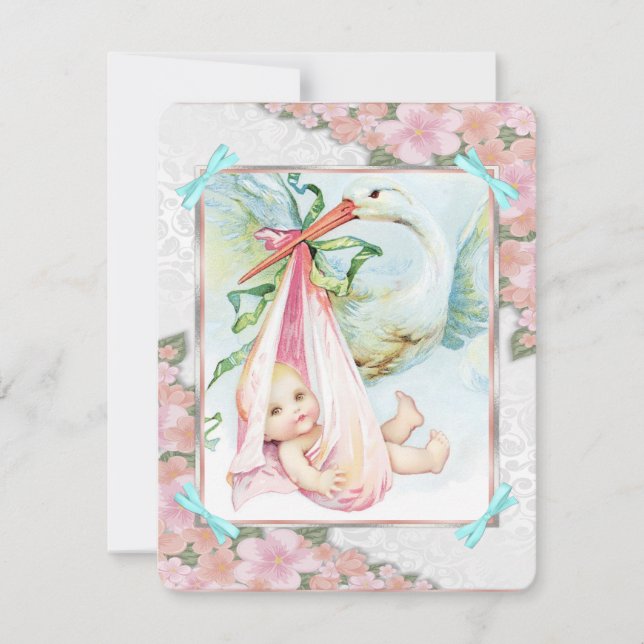Invitation Baby shower turquoise en cigogne bleue et rose (Devant)