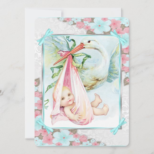 Invitation Baby shower turquoise en cigogne bleue et rose (Devant)