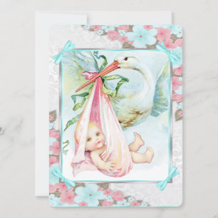 Invitation Baby shower turquoise en cigogne bleue et rose