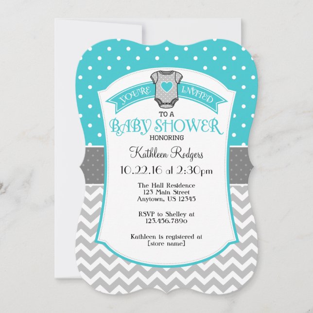 Invitation Baby shower Turquoise Grey Polkadot Che (Devant)