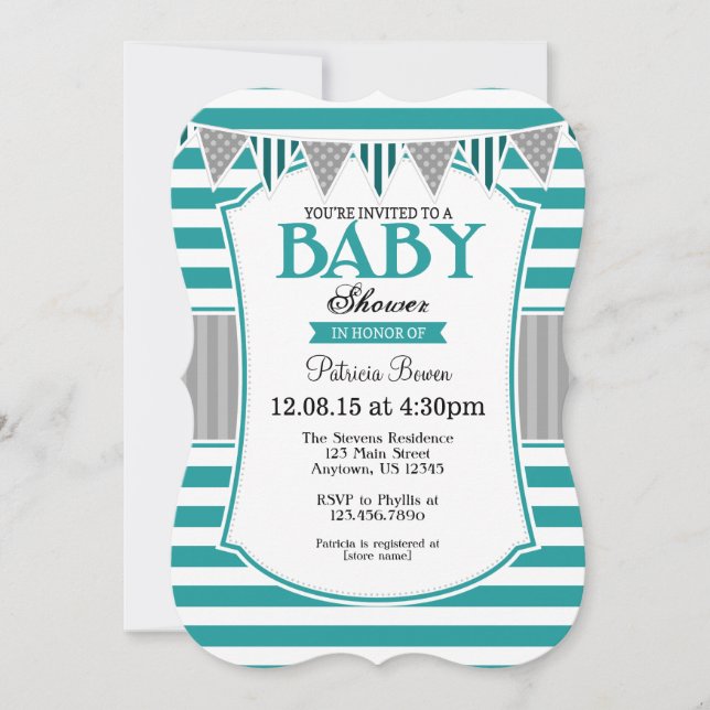 Invitation Baby shower Turquoise Gris (Devant)