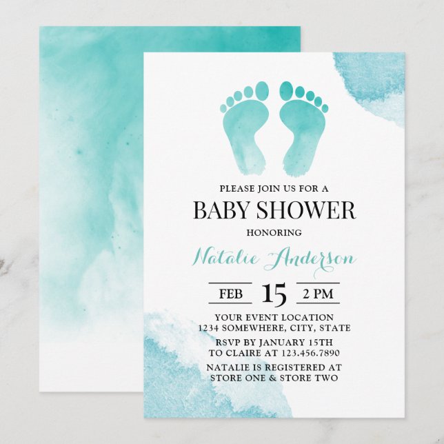 Invitation Baby shower turquoise pour pieds bébé (Devant / Derrière)