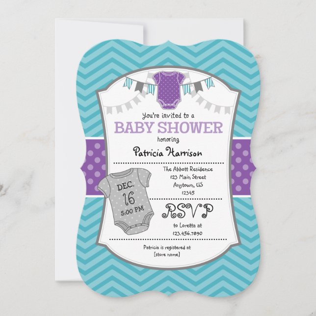 Invitation Baby shower turquoise Purple Grey Chevr (Devant)