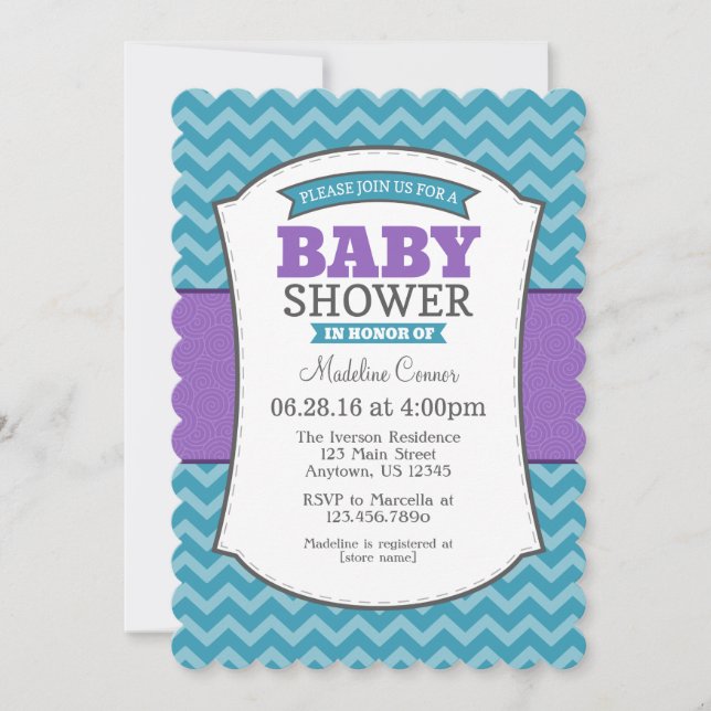 Invitation Baby shower turquoise Purple Grey Chevr (Devant)