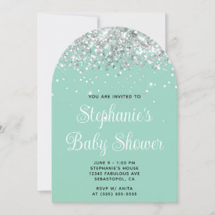 Invitation Baby shower Turquoise Silver Parties scintillant