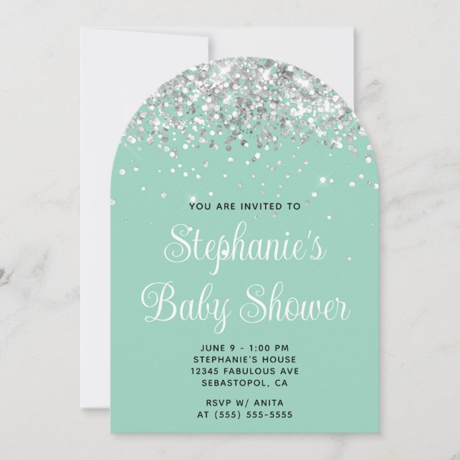 Invitation Baby shower Turquoise Silver Parties scintillant (Devant)