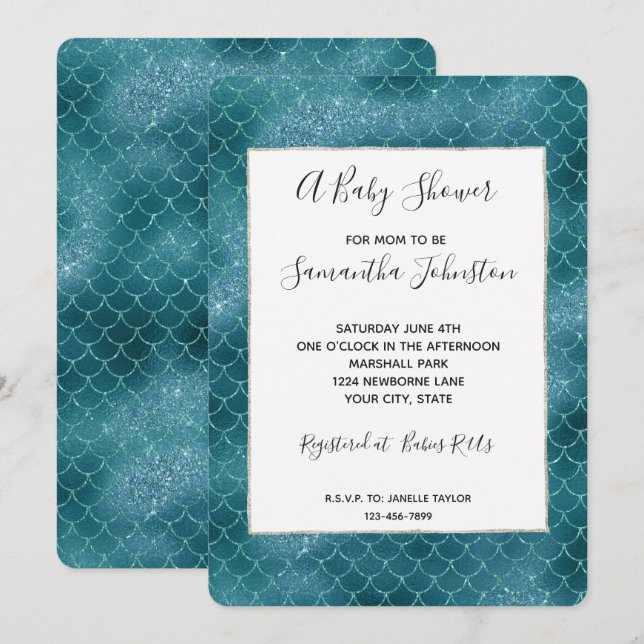 Invitation Baby shower turquoise Sparkle Mermaid (Devant / Derrière)