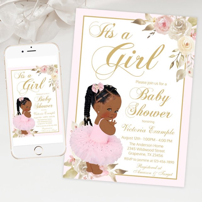 Invitation Baby shower Tutu de la princesse africaine d'or ro (Braid princess baby shower invitation with cute baby girl wearing tutu on a pink gold floral back.)