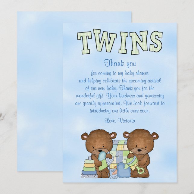 Invitation Baby shower Twin Boys Teddy Bear (Devant / Derrière)